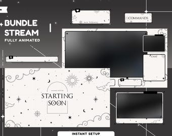 Celestial Ivory Animiertes Overlay Paket, Himmlisches Thema, Minimalistisches Design Streamer Einrichtung, Schwarzweiß Twitch Overlay, Sternenästhetik