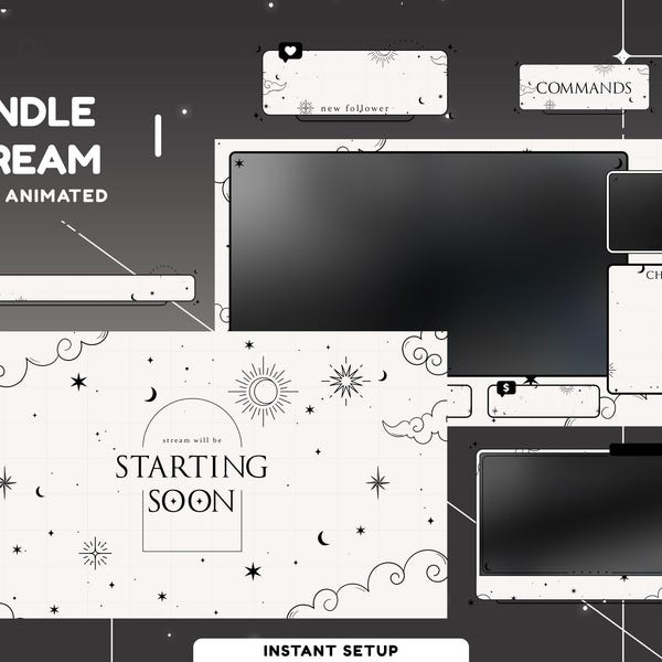 Celestial Ivory Animated Overlay Package, Celestial Theme, Minimalist Design Streamer Setup, Black And White Twitch Overlay,Starry Aesthetic