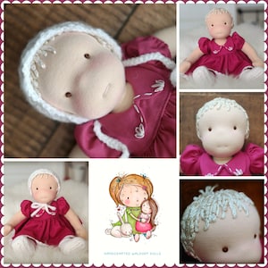 May include: A collage of images featuring handmade Waldorf dolls. The dolls are made of soft fabric and have embroidered features. The dolls are wearing pink dresses and white bonnets. The dolls are sitting on a white background. The image also includes a drawing of two dolls holding hands.