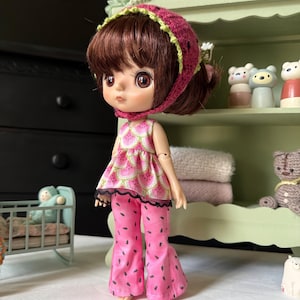 May include: A doll wearing a pink watermelon-themed outfit, including a top, pants, and a head covering. The outfit features a watermelon slice pattern. The doll has brown hair and is standing in front of a green shelf with decorative items.