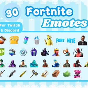 May include: A light blue graphic featuring 30 Fortnite Emotes for Twitch & Discord. The image includes various character and item icons from the game, such as a banana, a gift box, and a character in a suit. The words "Fortnite Emotes" are displayed.