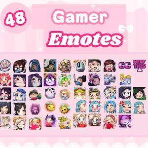 May include: A set of 48 gamer emotes featuring various characters and expressions. The emotes are arranged in a grid on a pink background with the text "Gamer Emotes" in a pink and white retro font.