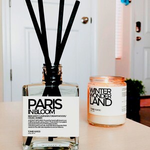 May include: A clear glass diffuser bottle with black reeds and the text "Paris in Bloom" and a list of scents. The bottle is sitting on a light wood surface next to a clear glass candle with the text "Winter Wonder Land".