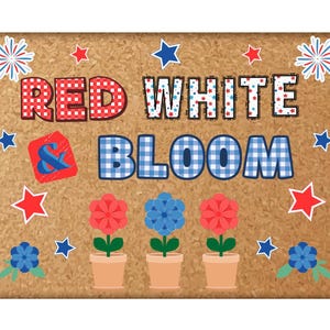 May include: A decorative doormat with the words "RED WHITE & BLOOM" in red, white, and blue lettering. The mat features star and flower designs in patriotic colors, perfect for the Fourth of July or other patriotic holidays.