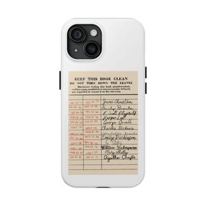 Etui na telefon Retro Library Check-Out Tough, Vintage Author Names, prezent dla miłośnika książek, ochronna osłona smartfona, prezent literacki dla czytelników
