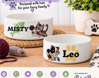 Personalized Cat Bowl: Custom Name & Illustration Design, Handmade in USA