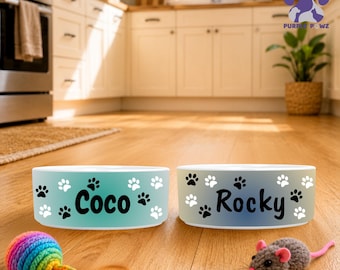 Personalized Pet Bowl – White & Black Paw Print Design | Modern Split Color Background