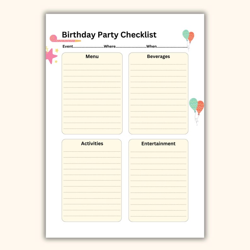 Birthday Party Checklist, Party Checklist Template, Birthday Planner ...