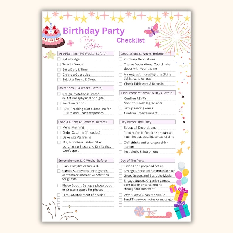 Birthday Party Checklist, Party Checklist Template, Birtyday to Do List ...