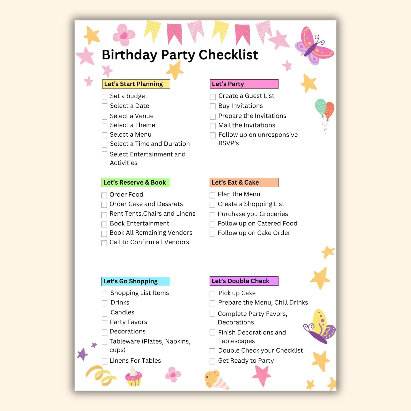 Birthday Party Checklist, Party Checklist Template, Birtyday to Do List ...
