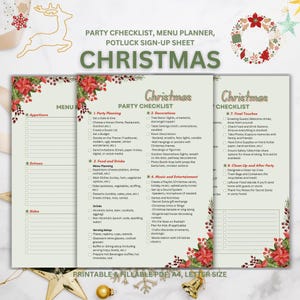 Könnte beinhalten: Druckbarer Weihnachtsfeier-Checkliste und Menüplaner mit grünem Hintergrund und roten Weihnachtsstern-Blütenakzenten. Die Checkliste enthält Abschnitte für die Planung der Party, Essen und Getränke, Dekoration, Musik und Unterhaltung, letzte Details und Aufräumen und Nachbereitung der Party. Der Menüplaner enthält Abschnitte für Vorspeisen, Hauptgerichte und Beilagen.