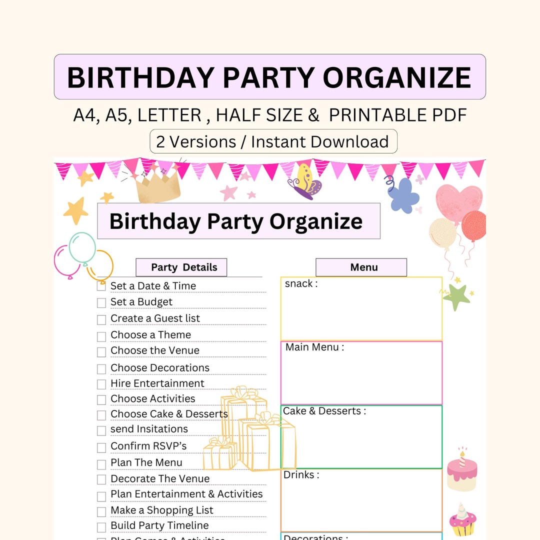 Birthday Party Checklist, Party Checklist Template, Birtyday to Do List ...
