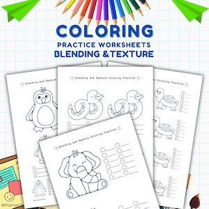 May include: Coloring practice worksheets with the text "COLORING PRACTICE WORKSHEETS BLENDING & TEXTURE". The worksheets feature line drawings of a penguin, ducks, an elephant, and turtles. The worksheets are designed for blending and texture practice.
