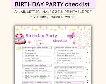 Birthday Party Planner Checklist, Guest List Tracker (PDF)