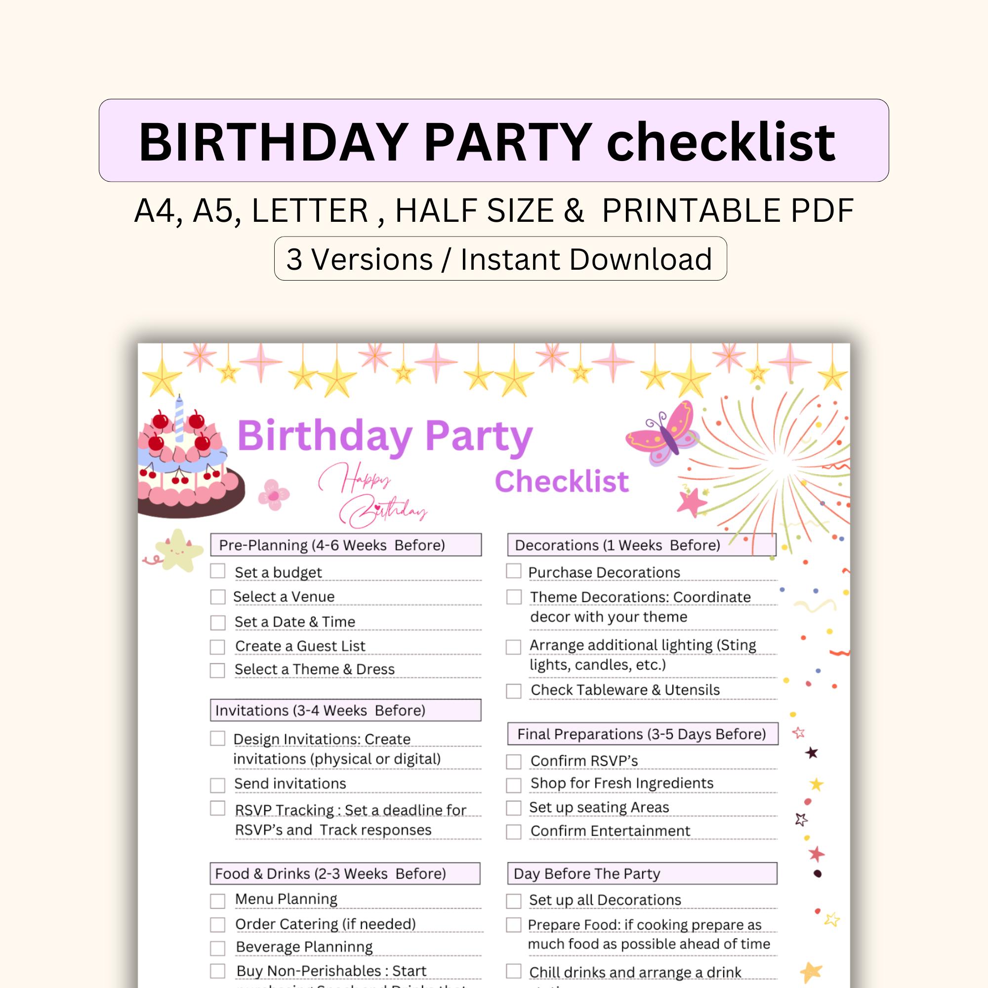 Birthday Party Planner Checklist, Guest List Tracker (PDF) - Etsy