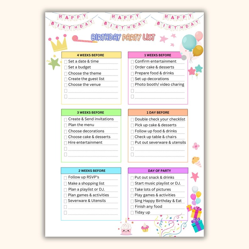Birthday Party Checklist, Party Checklist Template, Birtyday to Do List ...