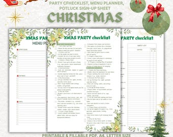 Christmas Party Planner, Checklist, Menu, Potluck Sign-Up (Printable PDF)