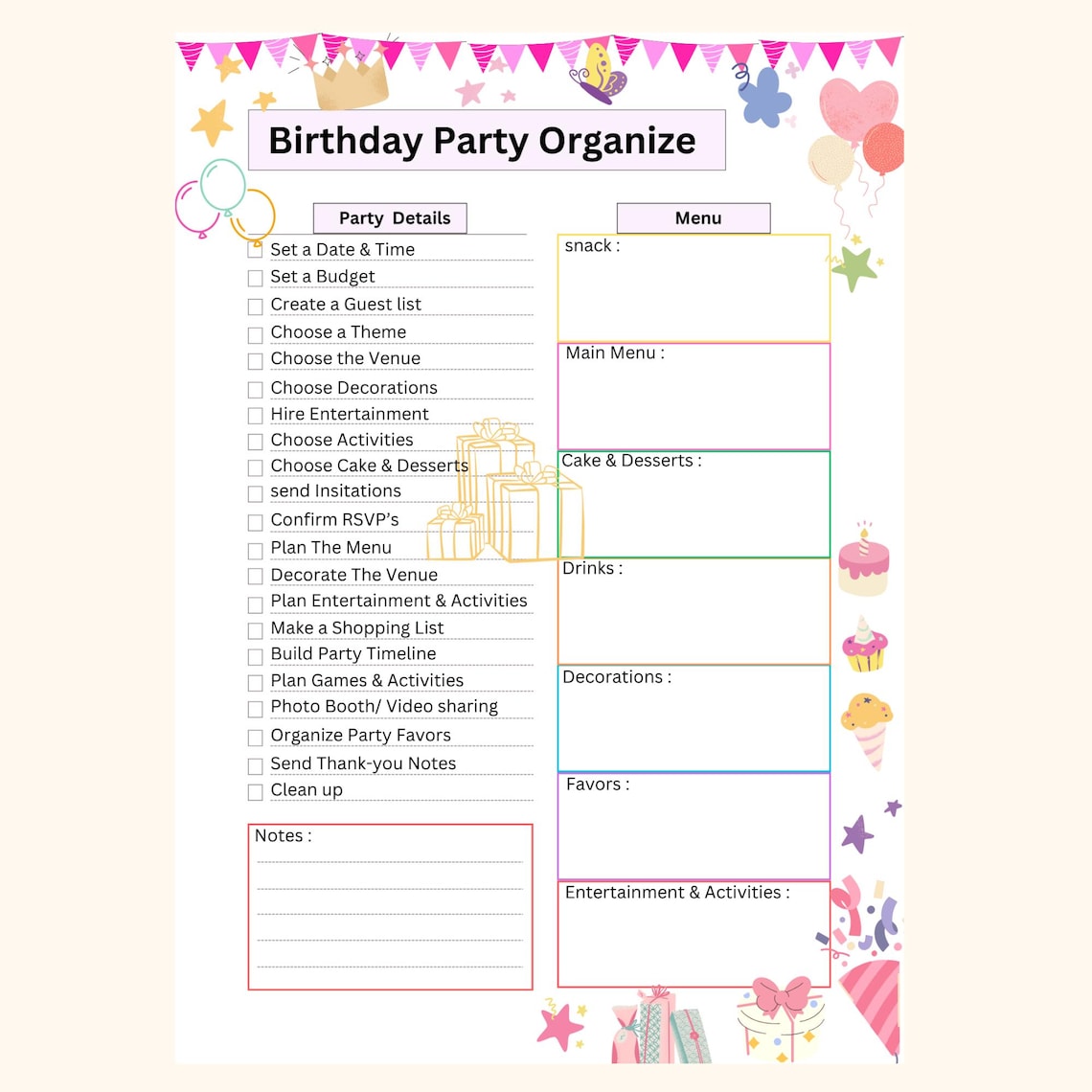 Birthday Party Checklist, Party Checklist Template, Birtyday to Do List ...