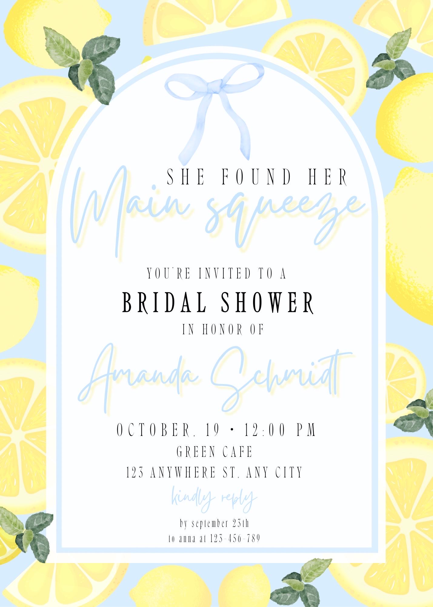 Printable “She Found Her Main Squeeze” Lemon Bridal Shower Invitation- Editable in Canva