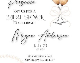 Printable Pearls and Prosecco Bridal Shower Invitation- Customizable in Canva