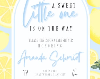 Printable and Customizable “A sweet one is on the way” Lemon Baby Shower Invitation- Editable in Canva