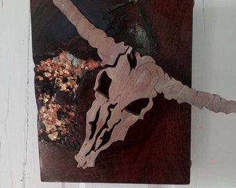 Scrolled Cow Skull and Cross on Walnut