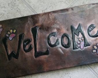 Paw Print Copper Embossed Welcome or Address Sign