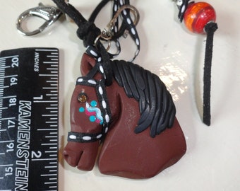 Brown Horse Head Key FOB //handmade with feather charm and beads. -Pretty!