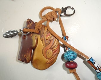 Chocolate/Gold Horse Head Key FOB //handmade with feather charm and beads. -Pretty!