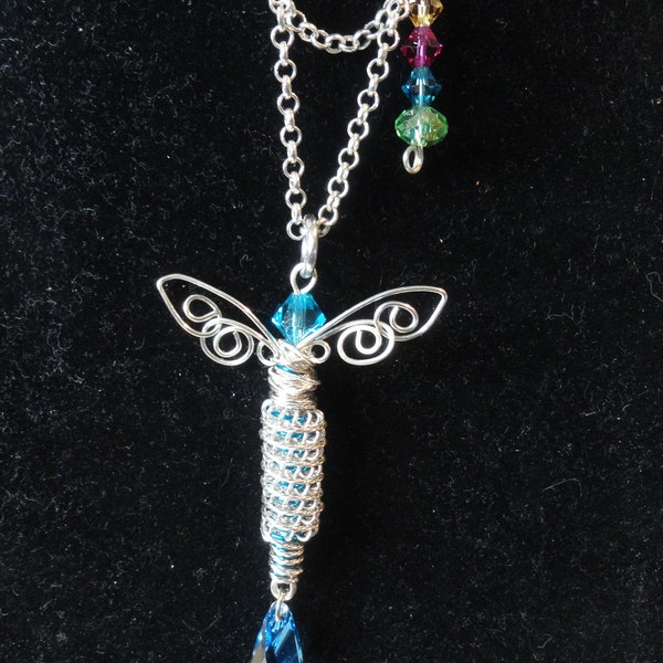 Mini-Mini Silver/Blue Alien #9305 Dragonfly Necklace...Handmade... All ready to wear or hang to admire!