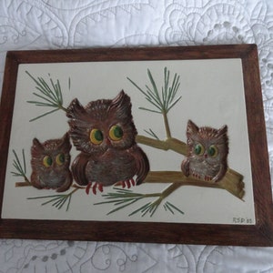 Three Owls Ceramic Picture/ Framed/Size 8.5x11.5/Hand Painted...Wall Art/Home Decor Bild 1