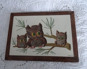 Three Owls Ceramic Picture/ Framed/Size -8.5x11.5/Hand Painted...Wall Art/Home Decor