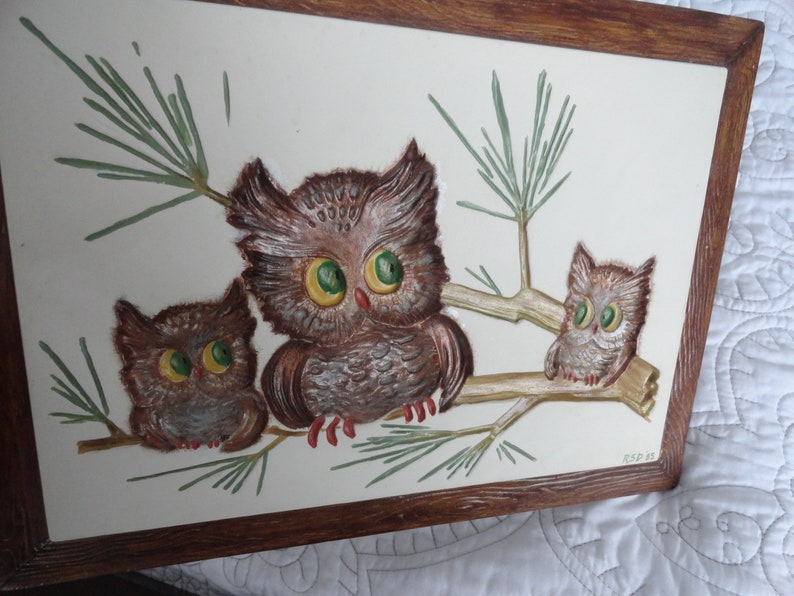 Three Owls Ceramic Picture/ Framed/Size 8.5x11.5/Hand Painted...Wall Art/Home Decor Bild 2