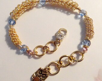 Gold Enameled Wire Wrapped Beads with Swarovski Crystals Bracelet..#181...Handmade and Pretty!.. All ready for a gift!