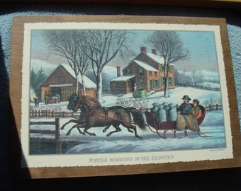 OnWood/2Side/HorseSleigh+CountryHome//Antique Currier & Ives Calendar pages..switch>>...Beautiful!..Last One!