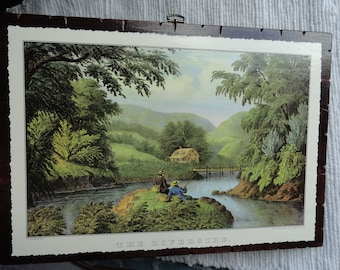 OnWood/1Side//'Riverside'..An Antique Currier and Ives Calendar page framed...two men fishing...Last one.