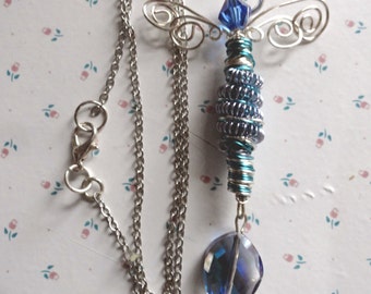 Mini-Mini Silver/Blue #618 Dragonfly Pendant & Necklace ...Handmade... All ready to fly away!