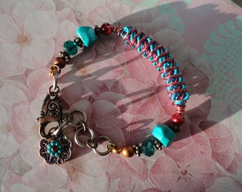 Handmade Bracelet -A Turquoise/Red Mix Bracelet Twisted Wires Pretty!