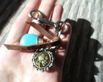 Purse Key FOB..Tuquoise Feather & Coin Hook Key FOB or Purse Dangle. -Pretty!