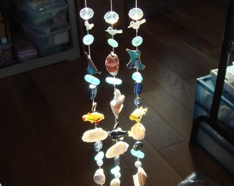 My#17 Mini Handmade Wind Ornament  - SMALL Width 4"x 14" length...Turtle/Shells/Crystals/Beads/Wood/Ready to hang!..