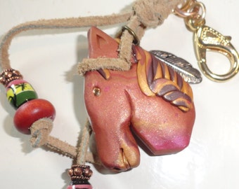 Brown Horse Head Key FOB //handmade with feather charm and beads. -Pretty!