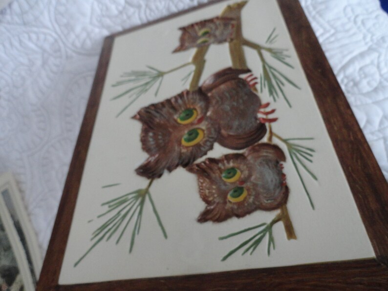 Three Owls Ceramic Picture/ Framed/Size 8.5x11.5/Hand Painted...Wall Art/Home Decor Bild 5