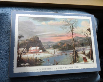 Wood/2Sides/Boats+IcePond//Permanent... Currier & Ives Calendar print ..switch>>'Winter/Summer'.