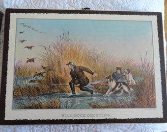 OnWood/2Sides/Dogs+Hunting/Ducks/...Currier & Ives Calendar prints....switch sides...Last One!