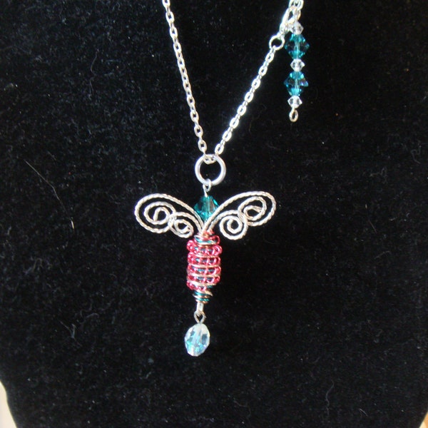 Mini-Mini Blue/Red/Silver Alien #731 Dragonfly Necklace...Handmade... All ready to wear or hang to admire!