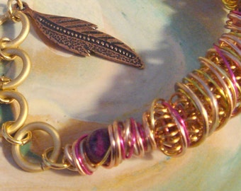 Pink/Gold Wire Wrapped Bracelet #156 Handmade Very Pretty....All ready for you!