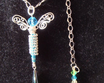 Mini-Mini Silver/Blue Alien #662 Dragonfly Necklace...Handmade... All ready to fly away!