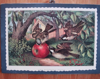 OnWood/2Sides/Birds+FarmHome/Permanent...Currier & Ives Antique Calendar Page Prints....switch...Beautiful!....last one.