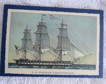 Wood/1Side/Ship/PermanentWood/Blue/...Ship.."U.S.Frigate Constitution"...A Currier&Ives Antique Print..Last one.