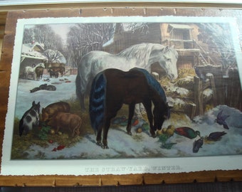 OnWood/1Side//HandColring//'The Straw-Yard, Winter'//Currier and Ives Antique Calendar page print Framed...two horses...Last one.
